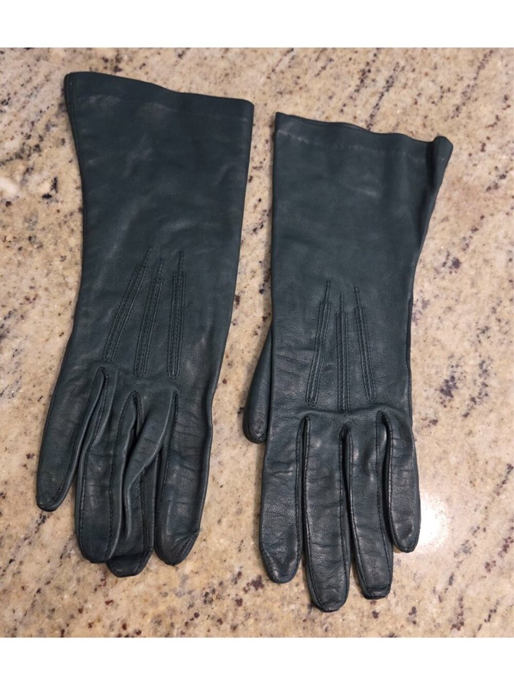 Vintage Womens Size S 6 1/4 Green Leather Formal 10" Long Gloves Surefit